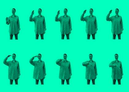 Collage of a women performing a hand gesture representing water